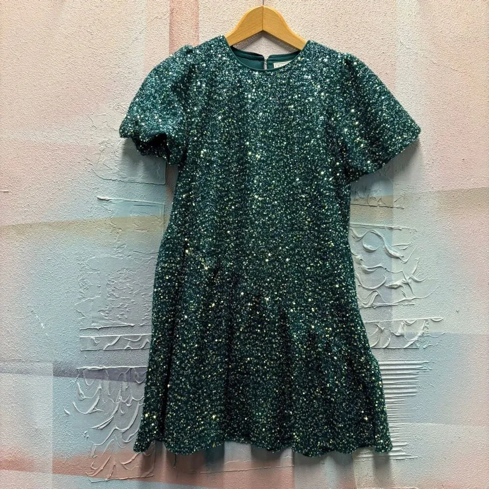 Hayden Girls L Green Sequin Puff Sleeve Dress Christmas Holiday Glam Preppy Chic